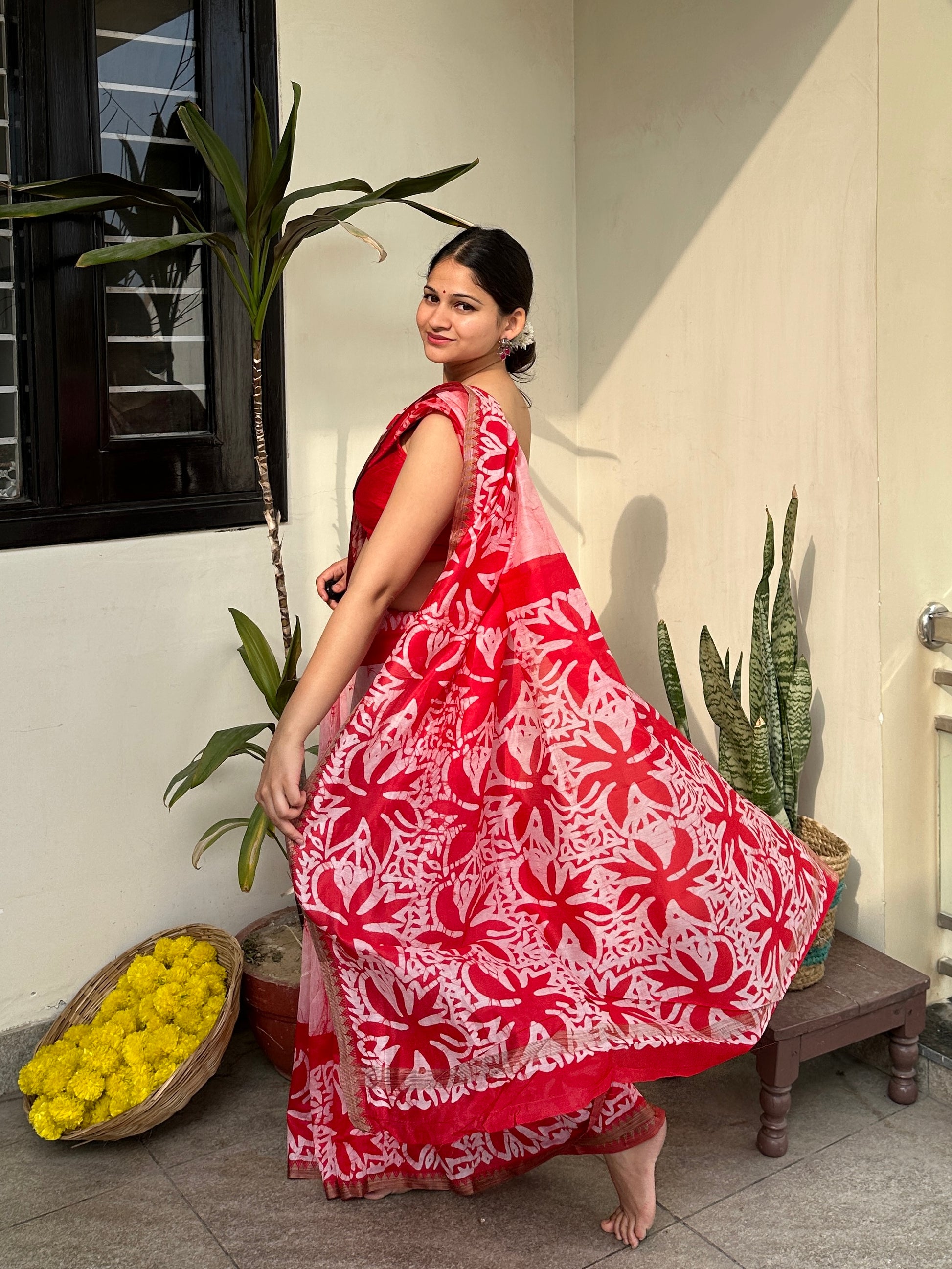 Red Flame Batik Chanderi Silk Saree 